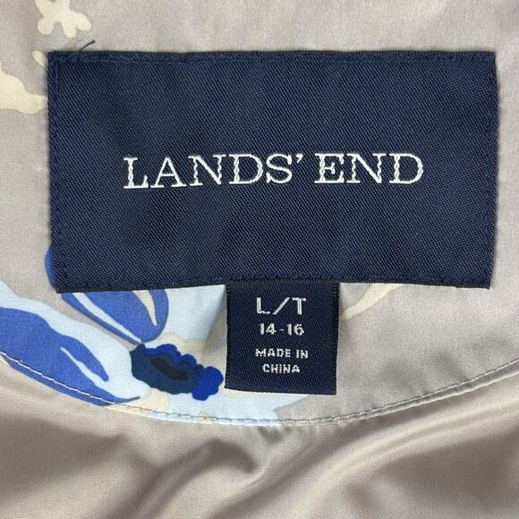 Lands' End Vest Womens Large Tall Floral Puffer Down Beige Blue Zip Pockets - Picture 5 of 13